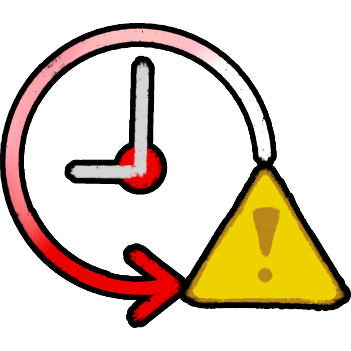 a clock face with grey hand and a red arrow circling it, transitioning from white to red. The arrow points towards a yellow warning triangle with an exclamation mark inside.